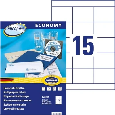 Abbildung von Europe100 Art. ELA044 Adressaufkleber (1.500 Klebeetiketten, 70x50,8mm auf A4, Papier matt, individuell bedruckbar, selbstklebende Adressetiketten, kompatibel zu AVERY 3669) 100 Blatt, weiß