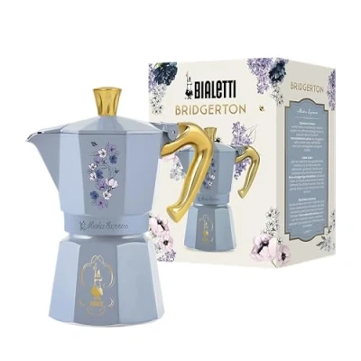 Abbildung von Bialetti Moka Express Bridgerton 6 Tassen, Griff mit Verbrühschutz, nicht für Induktion geeignet, Tassen (270 ml), Aluminium, Himmelblau, Wit