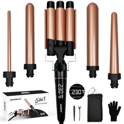 Abbildung von 10 32mm Lockenstab 5 in 1 für Große und kleine locken, Turmalin keramik 25mm Welleneisen Lange haare, 80 230C Einstellbare 3 fässer set mit handschuh, clips, nylontasche (Bronze)