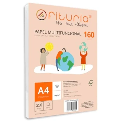 Abbildung von Packung mit 250 weißen DIN A4 Blättern, 160g Druckerpapier. Multifunktionales Kopierpapier für Schule und Büro. Ideal Laserdrucker, Tintenstrahldrucker oder Kopierer Ofituria