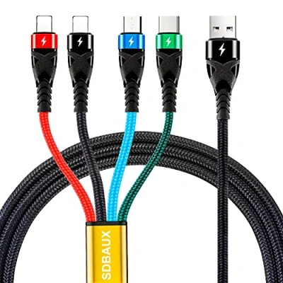 Abbildung von SDBAUX 3A/1.2M Multi USB Kabel, 4 in 1 iPhone Ladekabel Nylon Universal Mehrfach Schnelles Laden mit 2 iP Micro Typ C Port für iPhone, Tablets, Samsung Galaxy, LG, Google PS5