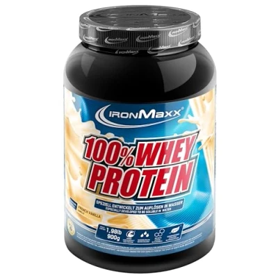 Abbildung von IronMaxx 100% Whey Protein Pulver French Vanilla 900g Dose zuckerreduziertes, wasserlösliches Eiweißpulver aus Molkenprotein viele verschiedene Geschmacksrichtungen