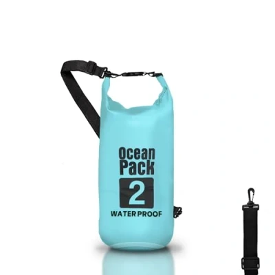 Abbildung von Dry Bag Wasserdichter Rucksack, Rollverschluss und Schultergurt, wasserdichte Handy Tasche Gürteltasche für Meer, Boot, Angeln, Rafting, Strand, Wassersport, Hellblau, borsa 2l,