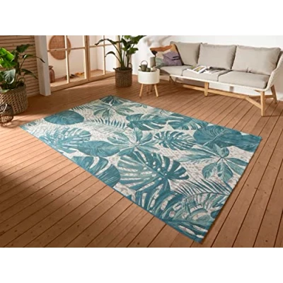 Abbildung von Hanse Home Tropical Leaves In &amp; Outdoor Teppich Flachgewebe Aussenteppich, Jungel Palmen Blätter Design, ÖKO TEX Wetterfest UV beständig für Balkon, Terrasse, Garten Türkis, 80x165cm