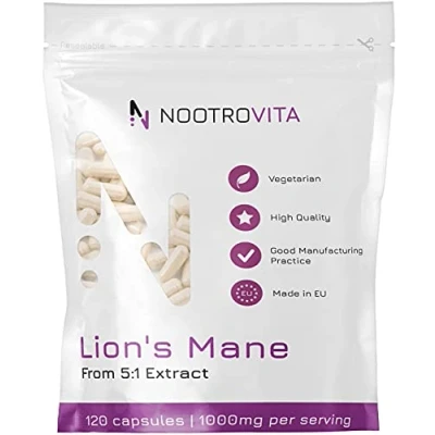 Abbildung von Lions Mane Mushroom 120 Kapseln Löwenmähne Pilz 2 Monate! Premium Dual Extrakt Aus Fruchtkörper 1000mg Heilpilz Hericium Erinaceus Vegan, Keine Künstlichen Füllstoffe Nootrovita