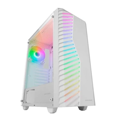 Abbildung von Mars Gaming MC Volt, ATX Gehäuse, 120mm ARGB Lüfter, Frontgitter mit ARGB, Vollseitiges Seitenfenster aus gehärtetem Glas, Kabelmanagement, Semi Tower für Flüssigkühlung, Weiß
