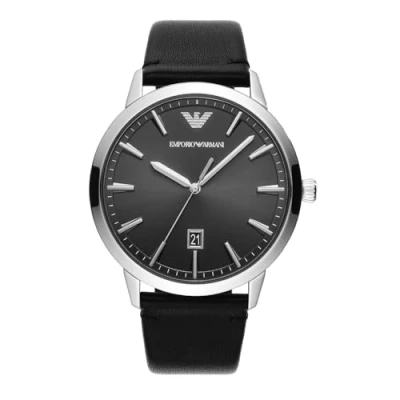 Abbildung von Emporio Armani Uhr für Herren , DreizeigerDatumswerk, 43mm Silbernes Edelstahlgehäuse mit Lederarmband, AR11193, Grau