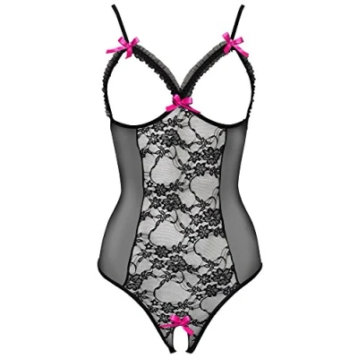 Abbildung von Orion Body ouvert Reizwäsche mit schwarzer Spitze, verführerischer Bodysuit rosa Schleife und Öffnung im Schritt, busenfrei rückenfrei (M/L)