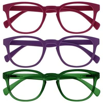 Abbildung von OPULIZE Pop Lesebrille 3er Pack Keck Rund Matt Rahmen Federscharniere Kratzfest Rosa Lila Grün Herren Damen RRR2 456 +2.50