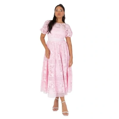 Abbildung von Maya Deluxe Women&#039;s Midaxi Dress Ladies Floral Lace Round Neck Short Puff Sleeves up Back A line Wedding Guest Prom Occasion Pink 36