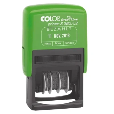 Abbildung von COLOP Printer S260 L2 Green Line Stempel, Text Bezahlt, Abdruck blau rot, Datum Deutsch