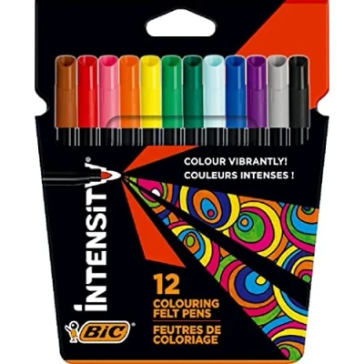 Abbildung von BIC Intensity Filzstifte, zum Malen für Erwachsene und Kinder, in 12 auswaschbaren Farben, mit stabiler Spitze, im Karton Etui