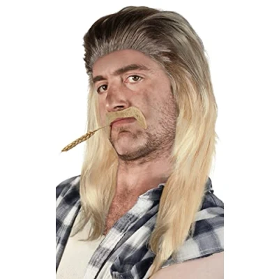 Abbildung von SET mit Vokuhila Perücke + Bart Prollperücke Vokuhilaperücke Proll Pimp Blond Brünette Grau Schwarz (Blond/Schwarz Bart)