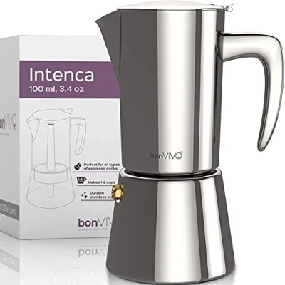 Abbildung von bonVIVO Espressokocher Induktion geeignet Edelstahl Kaffeekocher in Chrom Optik m. Wasserkessel u. Sieb Mokkakanne 2 Tassen 100 ml Weihnachtsgeschenke für den Haushalt