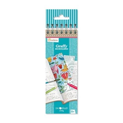 Abbildung von Avenue Mandarine GY038O Malblock mit 24 Lesezeichen Graffy, zum Selbstgestalten, 250g Zeichenpapier, 12 Designs x 2, ideal für Kinder ab 6 Jahren, 1 Stück, Mandala Blumen, 17.0 6.0 1.0 cm