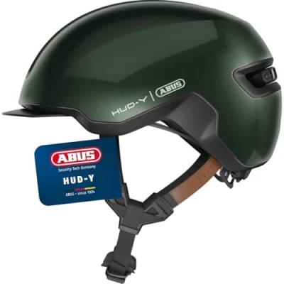Abbildung von ABUS Urban Helm HUD Y mit magnetischem, aufladbarem LED Rücklicht &amp; Magnetverschluss cooler Fahrradhelm für den Alltag Damen und Herren Grün, Größe S