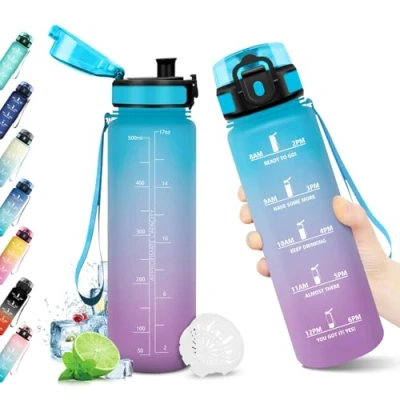 Abbildung von Trinkflasche Sport 500ml, mit Zeitmarkierung, Wasserflasche Filter, Auslaufsicher, Kohlensäure Geeignet, BPA frei, für Fitness, Gym, Fahrrad, Yoga, Büro