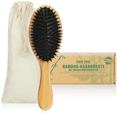 Abbildung von com four® Premium Bambus Haarbürste, Allzweck Haarbürste aus nachhaltigem Bambusholz und Wildschweinborsten, Paddle Brush Bürste für jeden Haartyp (1 Stück Wildschwein)