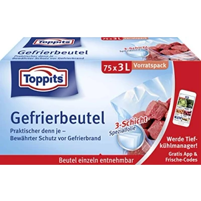 Abbildung von Toppits Gefrierbeutel Vorratspack, 3 Liter, 75 Stück, Standboden, Transparent