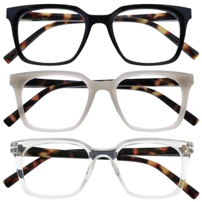 Abbildung von OPULIZE KOI Lesebrille 3er Pack Große Rechteckige Brillenfassung Schwarz Grau Durchsichtig Damen, Herren Federscharniere RRR50 17C +1.00