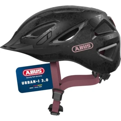 Abbildung von ABUS Stadthelm Urban I 3.0 Fahrradhelm mit Rücklicht, Schirm und Magnetverschluss für Damen Herren Schwarz floralem Muster, M (52 58 cm)