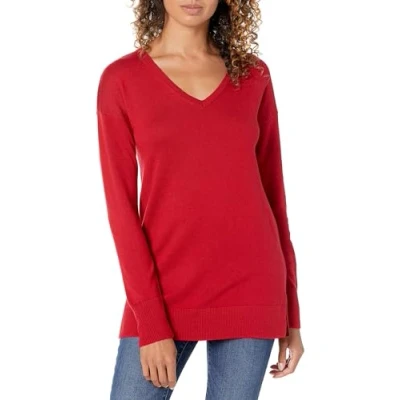 Abbildung von Amazon Essentials Damen Leichter Tunika Pullover Mit Langen Ärmeln Und V Ausschnitt (Erhältlich In Übergröße), Rot, M