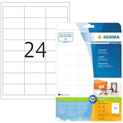 Abbildung von HERMA 8633 Adressetiketten, 10 Blatt, 66 x 33,8 mm, 24 pro A4 Bogen, 240 Stück, selbstklebend, bedruckbar, matt, blanko Papier Adressaufkleber Etiketten, weiß