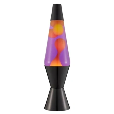 Abbildung von LAVA® Lampe 2323, gelbes Wachs, lila Flüssigkeit, schwarzer Sockel und Deckel, Original 14,5 Zoll Bewegungslampe der Marke