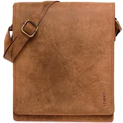 Abbildung von LEABAGS Leder Messenger Bag, London Vintage Herren Umhängetaschen, Echtleder Aktentasche Laptoptasche bis 13 Zoll, Umhängetasche mit Schultergurt Arbeitstasche Lehrertasche 38 x 33 10cm