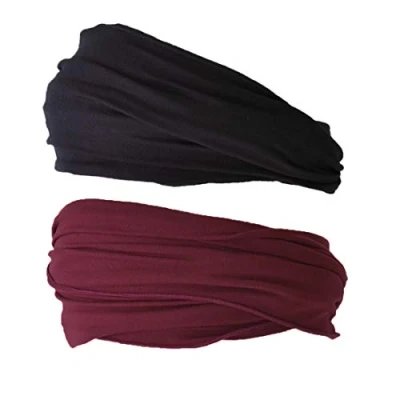Abbildung von Dünnes Lauf Stirnband Sport Haarband Herren, Bandana Damen Sommer Japanische Mode Lang, Loop Tuch Zum Binden Schwarz Weinrot 2 Pack