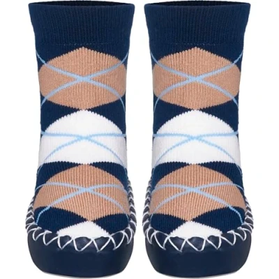 Abbildung von Playshoes Unisex Kinder Anti Slip Cotton Socks Stripes Kniestrümpfe, Marine Karo, 19/22