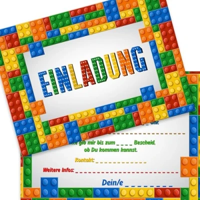 Abbildung von the lazy panda card company 15 Einladungskarten Kindergeburtstag: Bunte Bausteine Geburtstagseinladungen Einladungen Geburtstag Kinder Mädchen Junge (Bunte Bausteine)