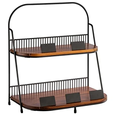Abbildung von APS 2 stufige Etagère 35,5 x 21 cm, H: 40 cm 1x Gestell, Metall, schwarz mit Antirutsch Füßchen Bretter aus Akazienholz: 34,5 20,5