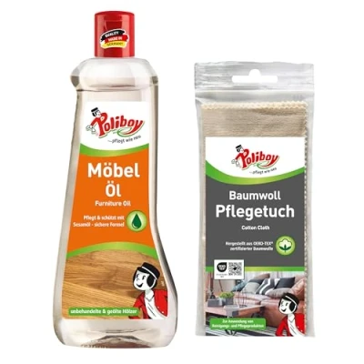 Abbildung von POLIBOY Möbel Öl Nährendes Holzpflegemittel für Holzmöbel Farbloses Holzöl 1x 500 ml Mit Baumwolltuch Made in Germany