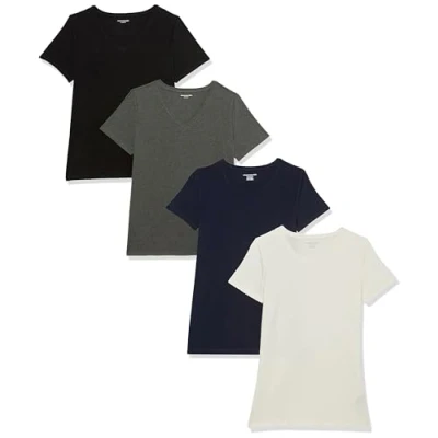 Abbildung von Amazon Essentials Damen Kurzärmeliges T Shirt mit Rundhalsausschnitt, Klassischer Schnitt, 4er Pack, Grau Meliert/Marineblau/Schwarz/Weiß, XL