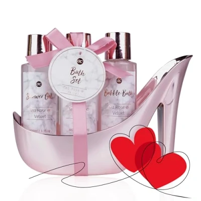 Abbildung von accentra, MARBLE Badeset Geschenkset in wunderschönem rosanem Pumps 4teiliges Beautyset Pflegeset Duschset für ein entspanntes SPAErlebnis, Rosé