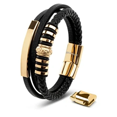 Abbildung von SERASAR Lederarmband Herren 23cm Gold Männer Armband Leder Armreif Lederband Herrenarmreif Armschmuck Schmuck Herrenschmuck Flecht Wickelarmband Kette Leather Bracelet