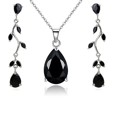 Abbildung von Crystalline Azuria Tropfenform Schmuck Set mit Schwarz Zirkonia Kristalle Halskette Anhänger 45 cm Ohrringe 18 kt Weiß Vergoldet für Damen
