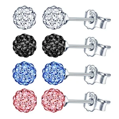 Abbildung von Yumilok 4 paar Damen Ohrstecker 925 Sterling Silber Disco Kugel Perlen Schamballa Zirkonia 6mm Ohrklemme Ohrringe Ohrschmuck für Mädchen