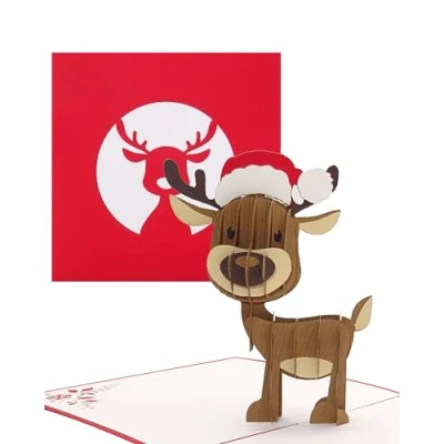 Abbildung von Pop Up Karte Rentier mit Weihnachtsmütze lustige 3D Weihnachtskarte niedlichem Rudolf, Klappkarte zu Weihnachten