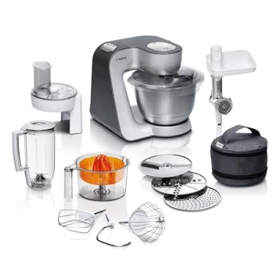Abbildung von Bosch Küchenmaschine Serie 4 MUM56340, Schüssel 3,9 L, Mixer 1,25 Fleischwolf, Zitruspresse, Planetenrührwerk, Knethaken, Schlag , Rührbesen, Durchlaufschnitzler, 3 Scheiben, 900 W, Silber/ Grau