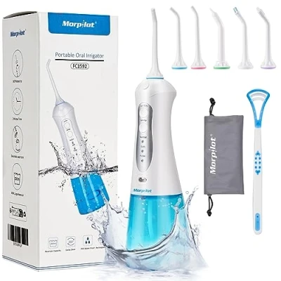 Abbildung von Morpilot Munddusche, Professionelle Elektrische Kabellose Munddusche Zahnreiniger Wasser Flosser Oral irrigator, 3 Modi, IPX7 Wasserdicht mit 4 Düsen, USB Ladekabel, 300ML
