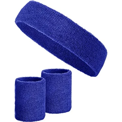 Abbildung von 3 teiliges Schweißband Set mit 2X Schweißbändern für die Handgelenke + 1x Stirnband Damen &amp; Herren (Blau)