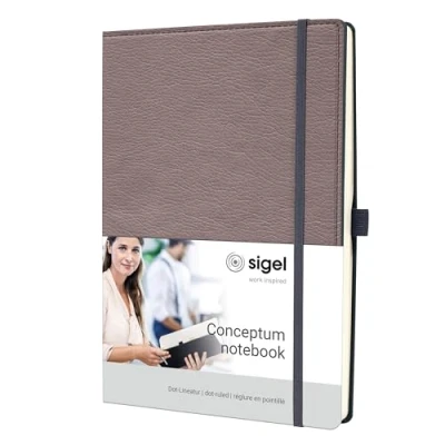 Abbildung von SIGEL CO690 Premium Notizbuch, Leder Look, dotted, ca. A4, taupe, Hardcover, 194 nummerierte Seiten, nachhaltiges Papier, Inhaltsverzeichnis Stiftschlaufe Falttasche Gummibandverschluss, Conceptum