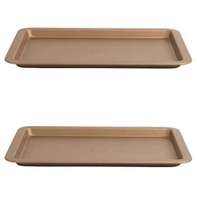 Abbildung von Russell Hobbs COMBO 8123 2er Set Opulence 37 cm Antihaft Backbleche aus Karbonstahl, einfache Reinigung, stilvolles Design, PFOA frei, ideal zum Braten von Gemüse, Fleisch, Burger, Keile, für Gold
