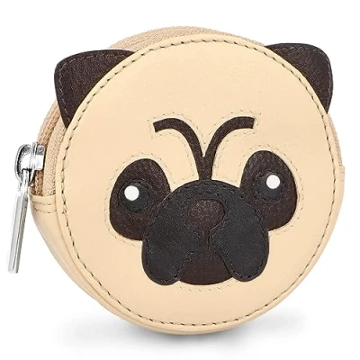 Abbildung von Lederow Mops Geldbörse Damen klein Leder mit Schlüsselring inkl. Geschenkbox Mini Portmonee Münzbörse Frauen Kinder für Schlüssel und Münzen Echtleder Kindergeldbörse Beige