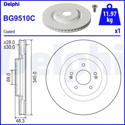Abbildung von DELPHI Bremsscheibe KIA: EV6, HYUNDAI: Ioniq 5 30mm Belüftet beschichtet unbehandelt BG9510C 51712L1700 Bremsscheiben, Scheibenbremsen