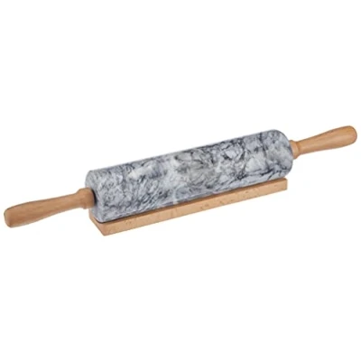 Abbildung von Küchenprofi Teigrolle aus Marmor, Ø 6cm, L 47 cm, Teigroller mit Holz Ablage und Griffen, Marmor Nudelholz, Nudelrolle, Nudelwalze, Backrolle, zum Ausrollen von Teig