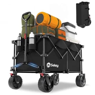 Abbildung von Sekey XXL Plus Bollerwagen Faltbar mit Bremsen 200L 150KG Belastbar, 17x10 cm Extra Breite Reifen All Terrain Bollerwagen, Patentiert Zusammenfaltbar aus Vier Richtungen, PlusB 4011, Grün