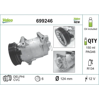 Abbildung von VALEO NEW ORIGINAL PART 699246 Kompressor 6CVC 12 PAG 46 R 134a mit Kompressoröl RENAULT: SCENIC 2, MEGANE 2 Kombi